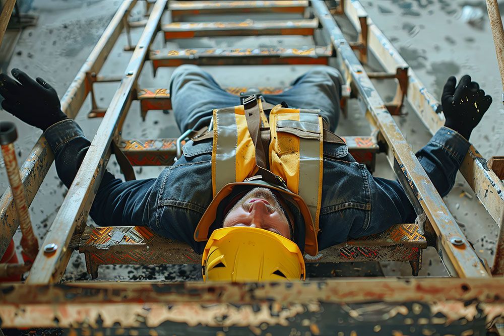 Construction worker in safety gear lying on ground after ladder fall.