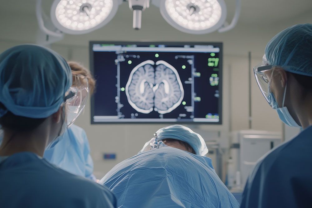 Surgeons performing brain surgery with MRI scans displayed on monitor in operating room.