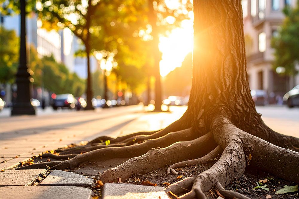Tree roots and sunlight on a city sidewalk, capturing urban nature with a warm, golden glow.