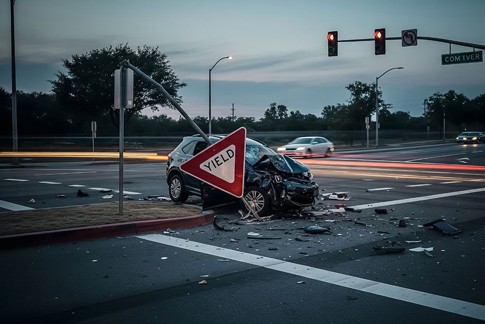 Car crash at intersection, damaged yield sign, debris scattered on road, dusk setting with passing vehicles.