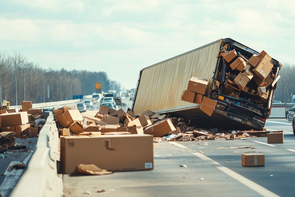 Overturned truck on highway spills boxes, causing traffic disruption under clear skies.
