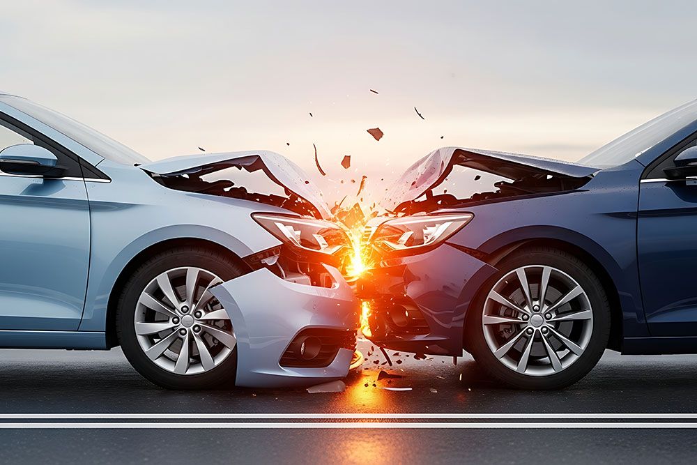 Head-on collision of two cars on an empty road, illustrating traffic accident and vehicle damage.