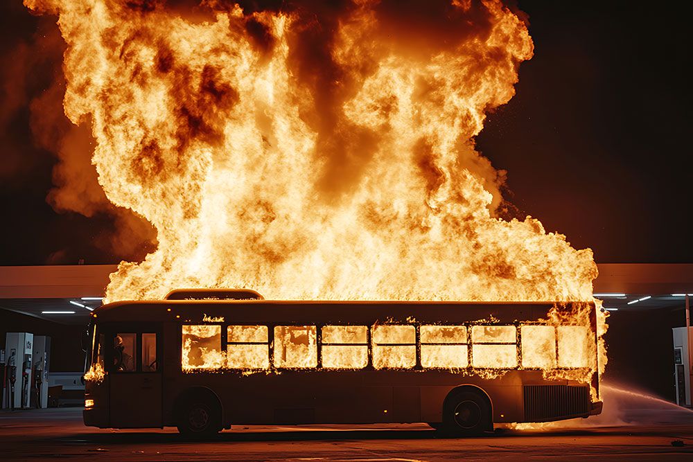 Bus engulfed in flames at night, dramatic fire scene near a gas station.