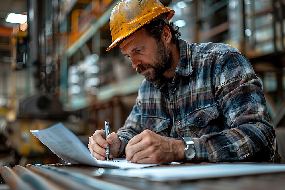 Man in hard hat writing on paper at industrial site, focusing intently.