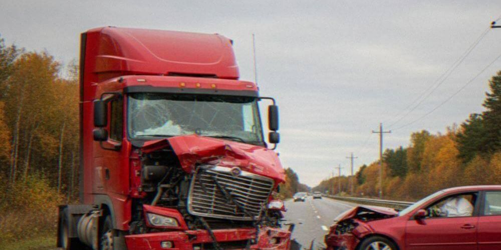 Red truck and car involved in an accident on the