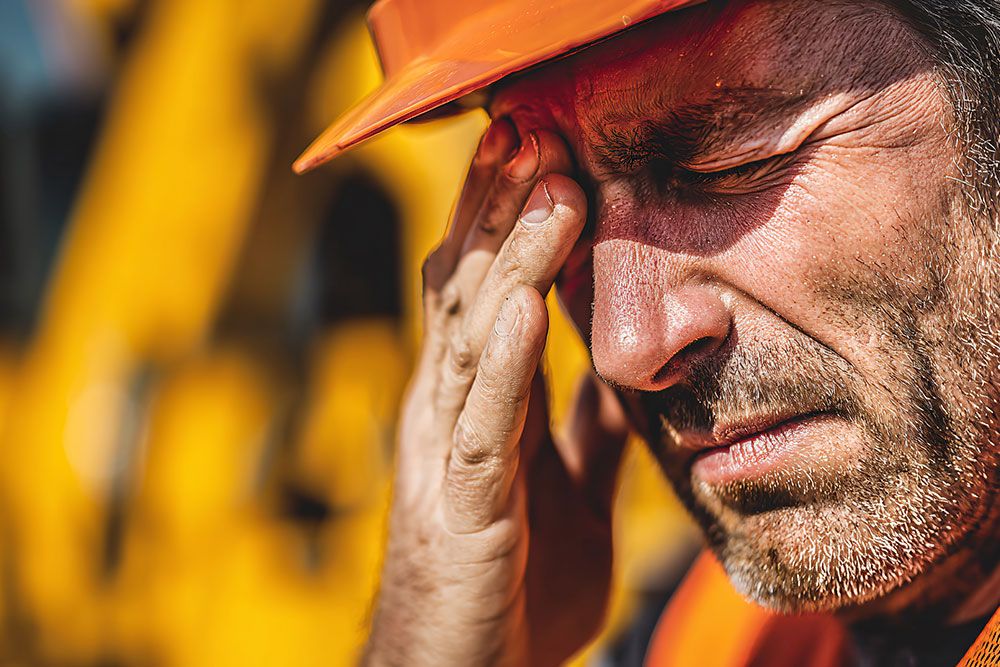 Construction worker in an orange hard hat rubbing his forehead, showing signs of fatigue or stress.