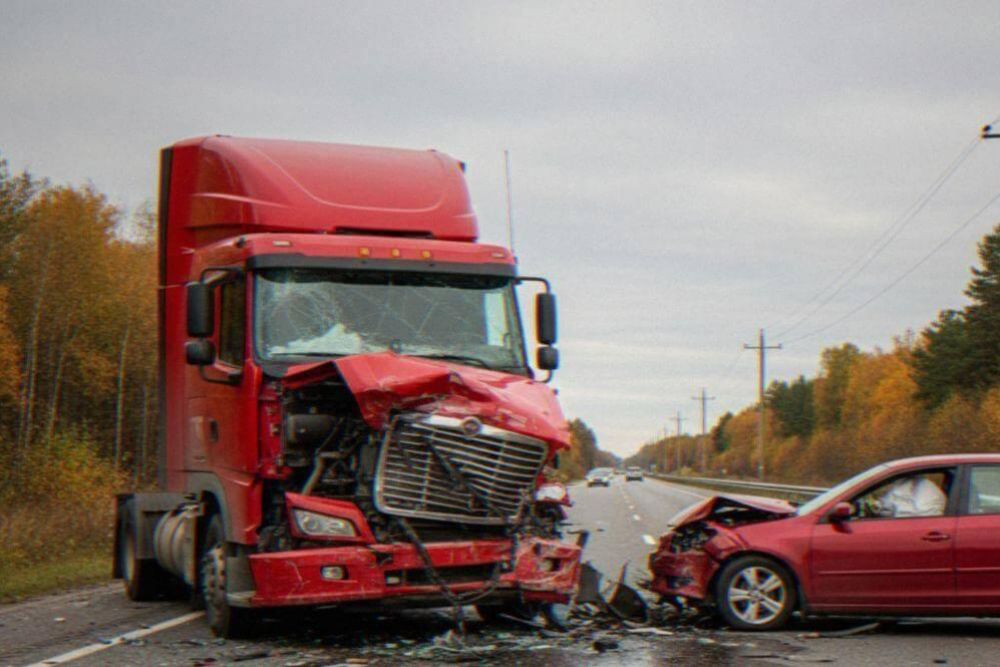 Red truck and car involved in an accident on the