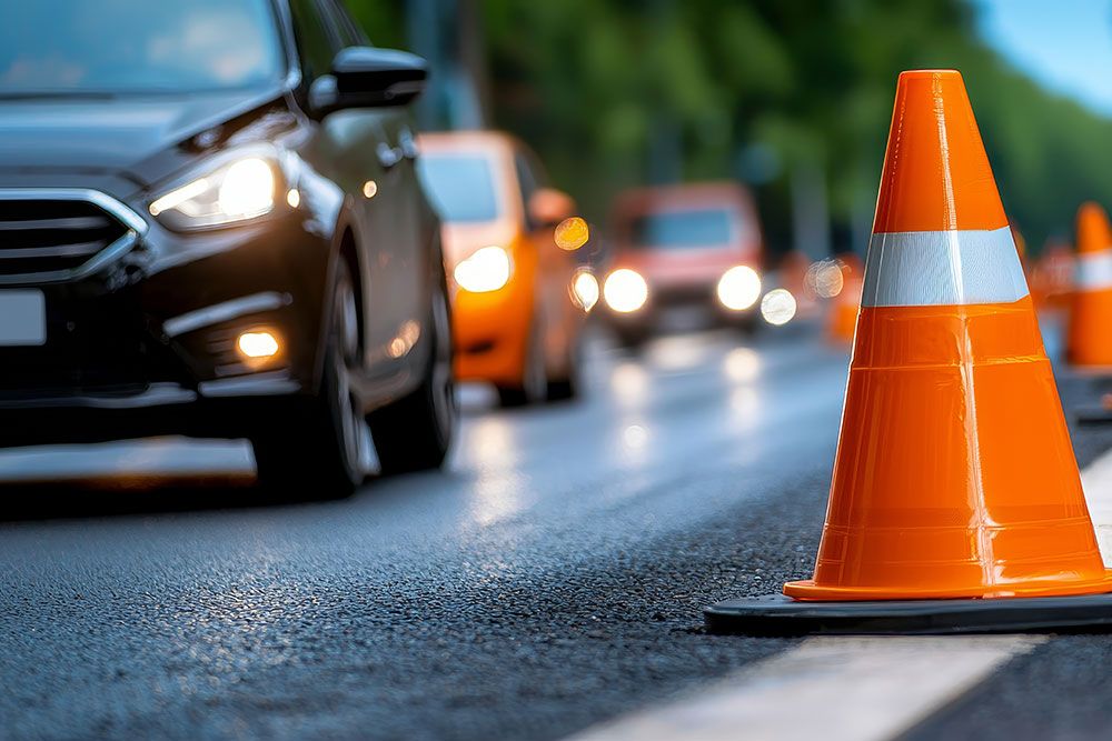 Orange traffic cone on a wet road with blurred cars in the background, highlighting traffic safety.