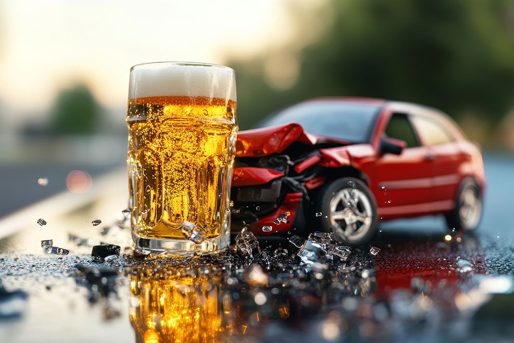 Glass of beer beside a crashed red toy car on a reflective surface, highlighting the dangers of drinking and driving.